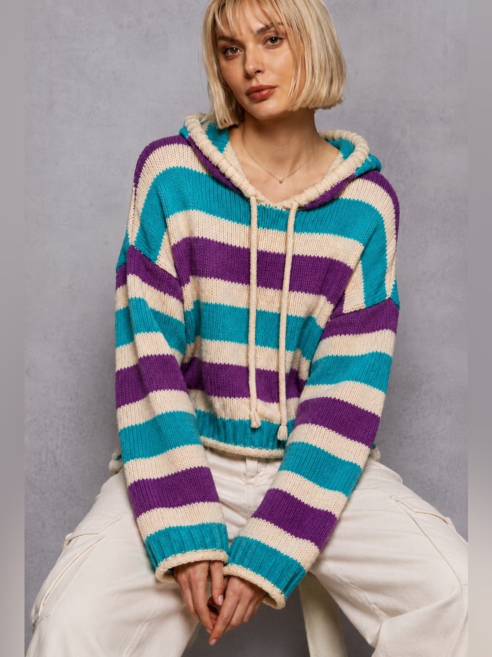New POL Bold Stripe Boxy Crop Hooded Sweater Women’s Small